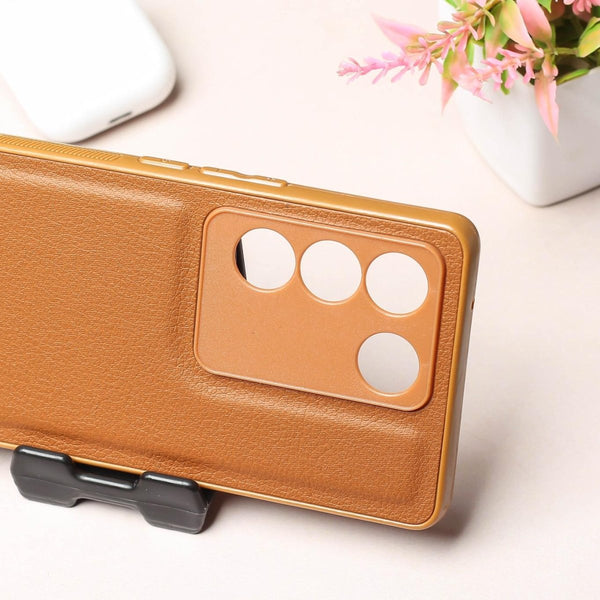 Raised Edges Brown Leather Case for Vivo V27 - The Hatke