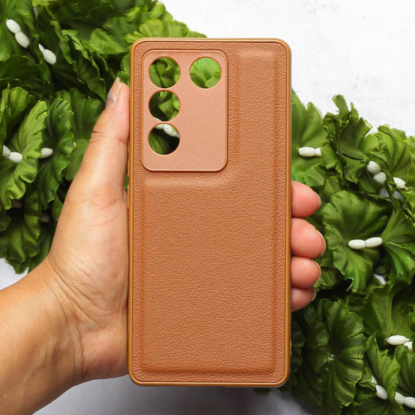 Raised Edges Brown Leather Case for Vivo V27 - The Hatke