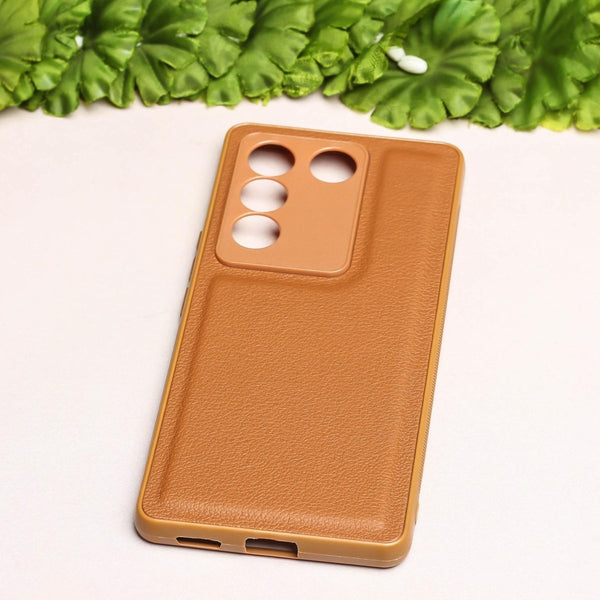 Raised Edges Brown Leather Case for Vivo V27 - The Hatke