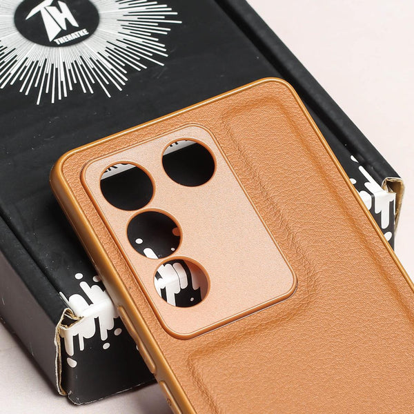 Raised Edges Brown Leather Case for Vivo V27 - The Hatke
