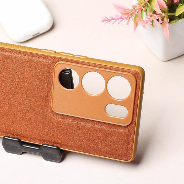 Raised Edges Brown Leather Case for Vivo V29 - The Hatke