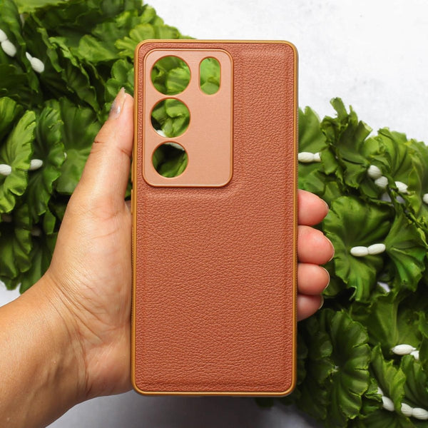 Raised Edges Brown Leather Case for Vivo V29 Pro - The Hatke