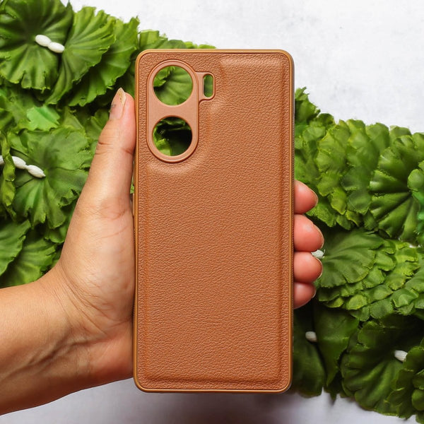 Raised Edges Brown Leather Case for Vivo V29E - The Hatke