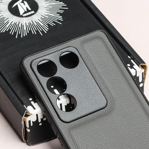 Raised Edges Grey Leather Case for Vivo V27 - The Hatke