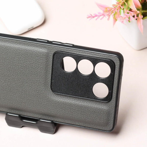 Raised Edges Grey Leather Case for Vivo V27 - The Hatke