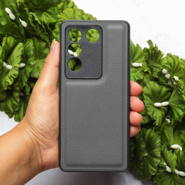 Raised Edges Grey Leather Case for Vivo V27 - The Hatke