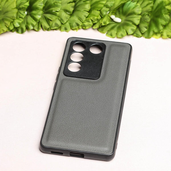 Raised Edges Grey Leather Case for Vivo V27 - The Hatke