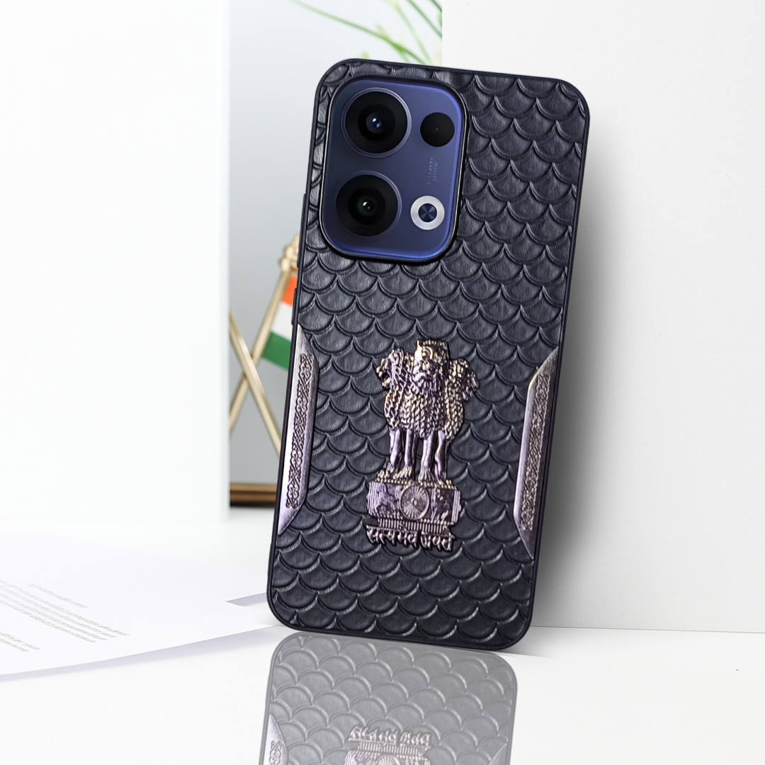 Black (Design 10) Satyameva Jayate embossed Leather Case for Oppo Reno 13