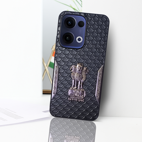 Black (Design 10) Satyameva Jayate embossed Leather Case for Oppo Reno 13