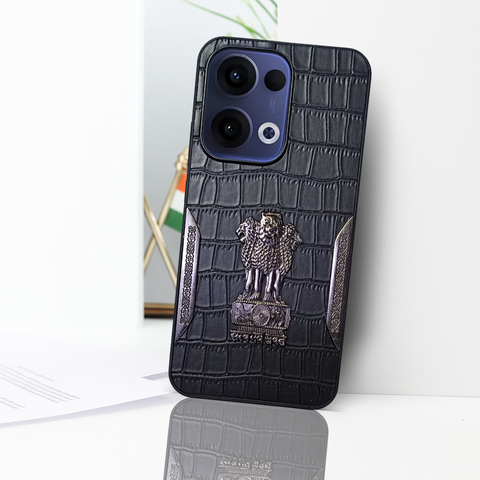 Black (Design 1) Satyameva Jayate embossed Leather Case for Oppo Reno 13
