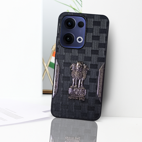 Black (Design 2) Satyameva Jayate embossed Leather Case for Oppo Reno 13