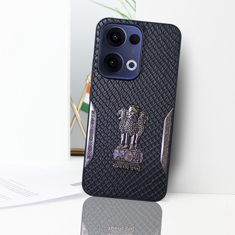 Black (Design 3) Satyameva Jayate embossed Leather Case for Oppo Reno 13