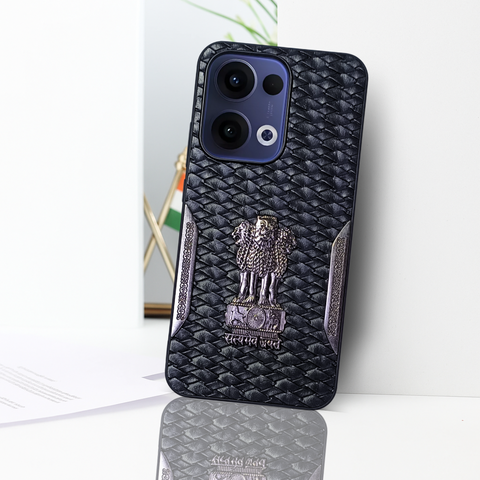 Black (Design 4) Satyameva Jayate embossed Leather Case for Oppo Reno 13