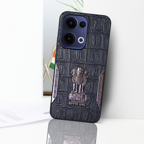 Black (Design 8) Satyameva Jayate embossed Leather Case for Oppo Reno 13