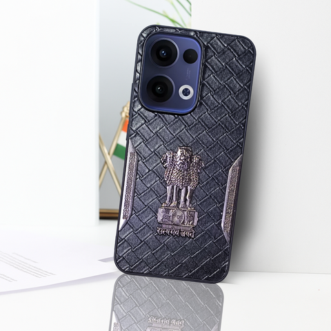 Black (Design 9) Satyameva Jayate embossed Leather Case for Oppo Reno 13
