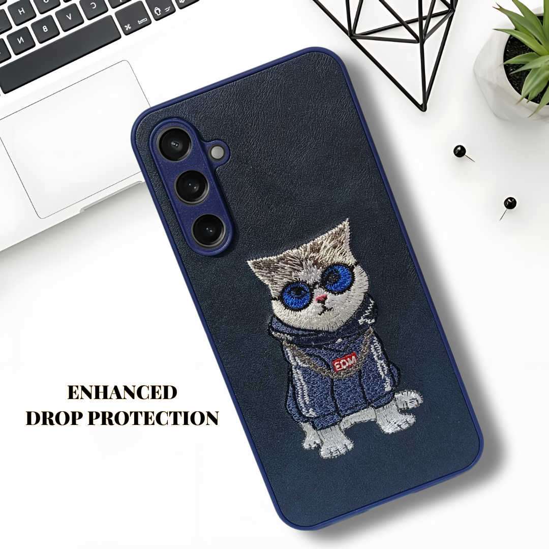 Blue`Leather Cute Cat Camera Ornamented for Samsung S23 Fe