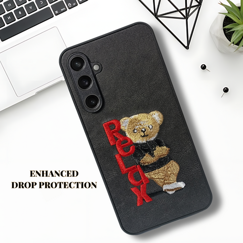 Black Leather Relax Teddy Lion Camera Ornamented for Samsung S23 Fe