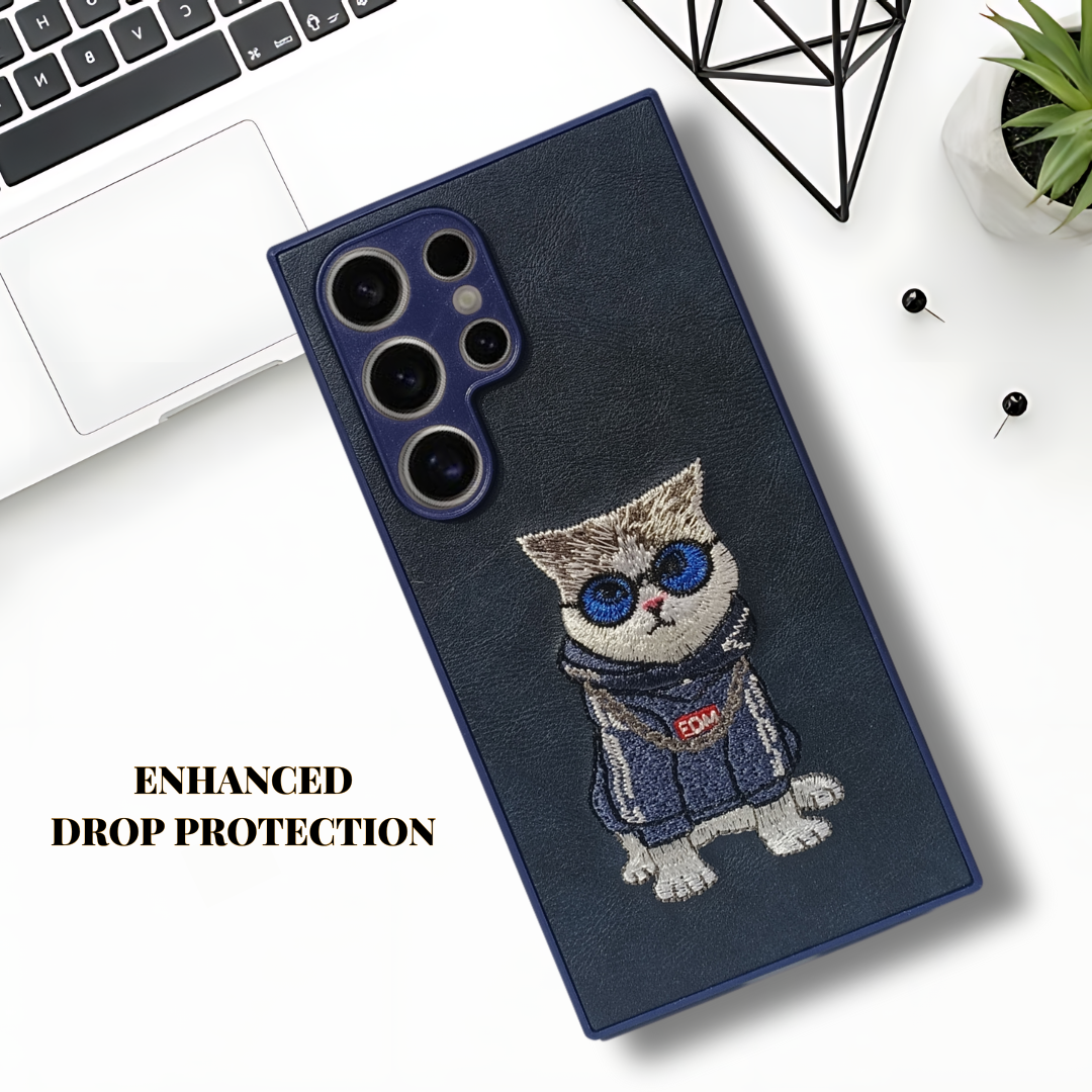 Blue`Leather Cute Cat Camera Ornamented for Samsung S24 Ultra