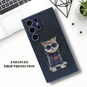 Blue`Leather Cute Cat Camera Ornamented for Samsung S24 Ultra