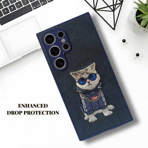 Blue`Leather Cute Cat Camera Ornamented for Samsung S24 Ultra