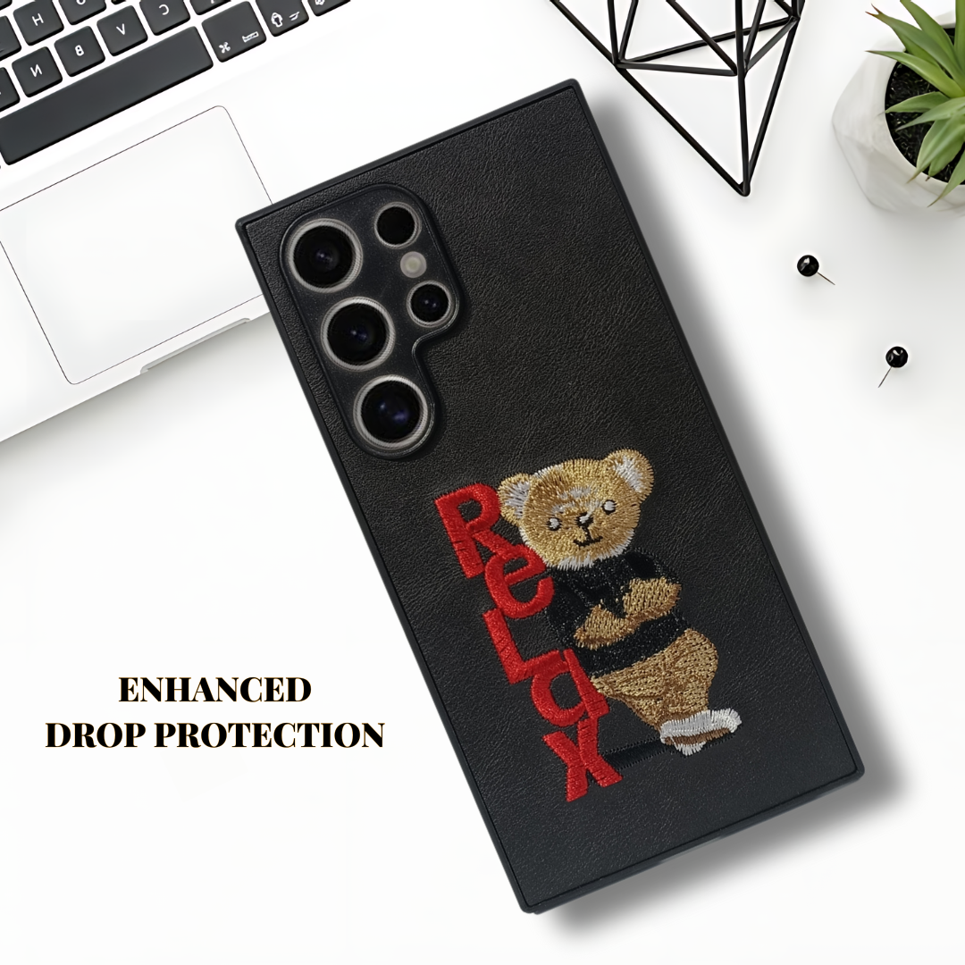 Black Leather Relax Teddy Lion Camera Ornamented for Samsung S24 Ultra