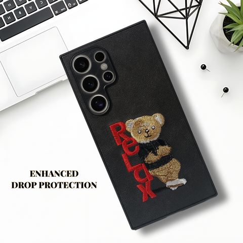 Black Leather Relax Teddy Lion Camera Ornamented for Samsung S24 Ultra