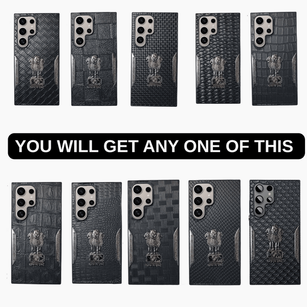Black Satyameva Jayate embossed Leather Case for Samsung S25 ultra