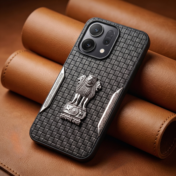 Black Satyameva Jayate embossed Leather Case for Oppo Reno 14