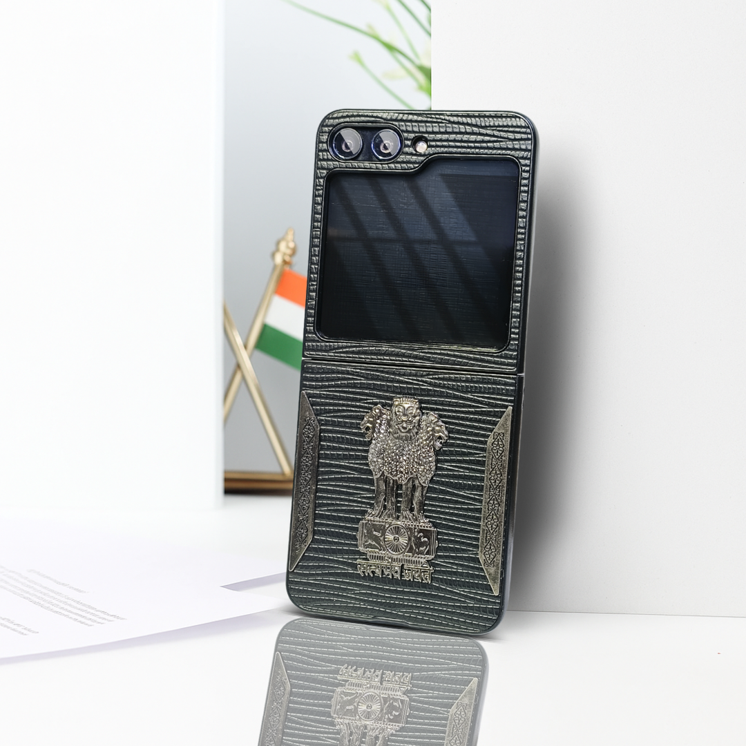 Black (Pattern 11) Satyameva Jayate embossed Leather Case for Samsung Galaxy Z Flip 5