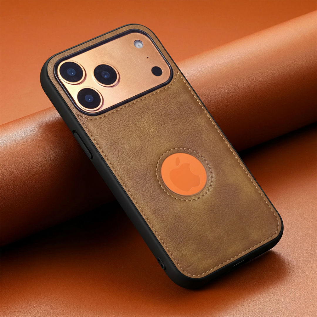 Puloka Brown Logo cut Leather silicone case for Apple iPhone 17 Pro Max