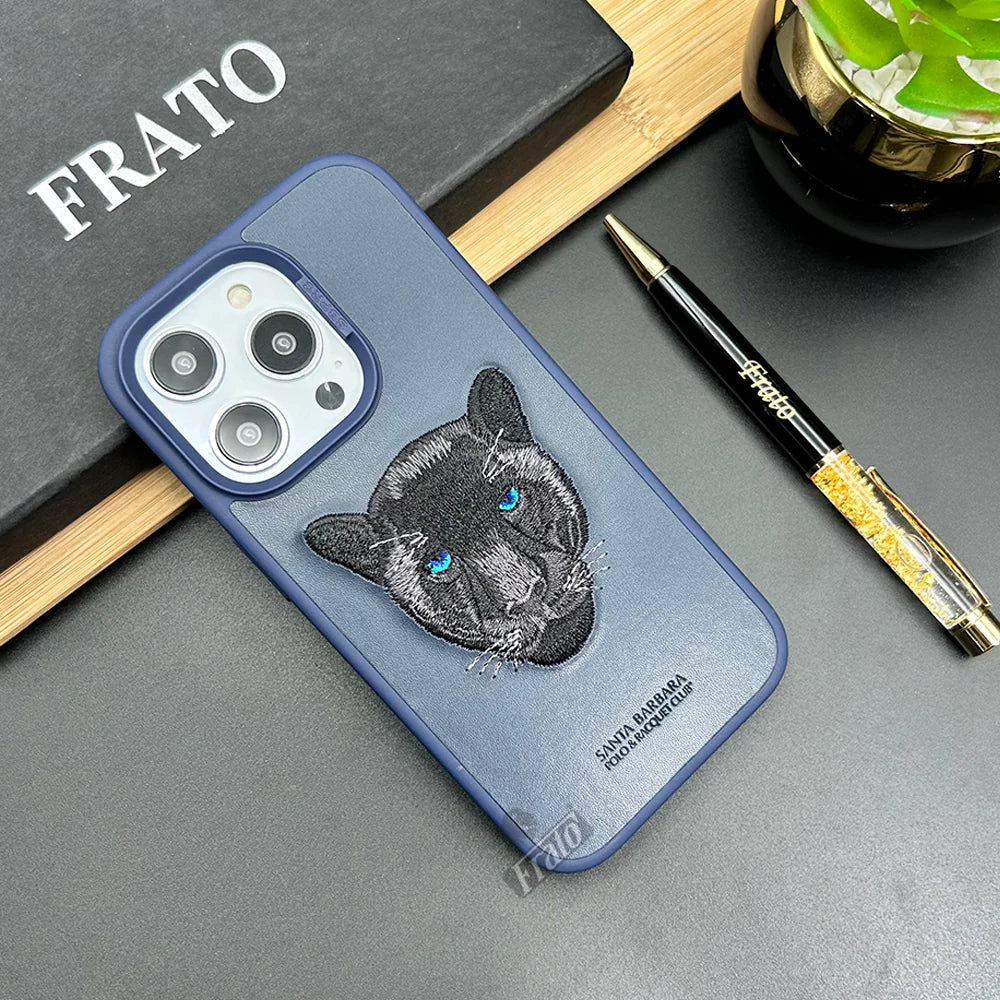 Dark Blue Leather Black Panther Ornamented for Apple Iphone 14 Pro
