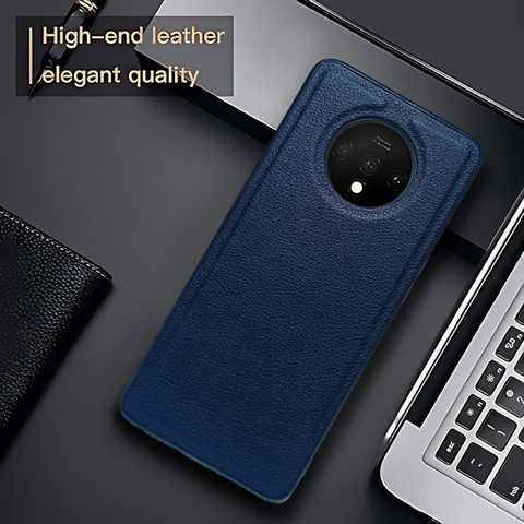 Raised Edges Blue Leather Case for Oneplus 7T