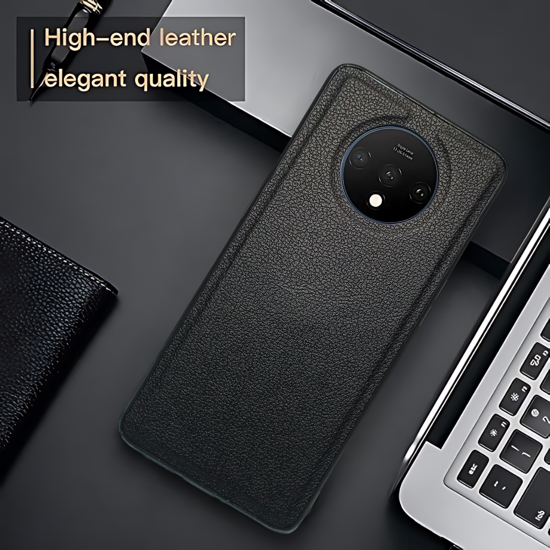 Raised Edges Black Leather Case for Oneplus 7T