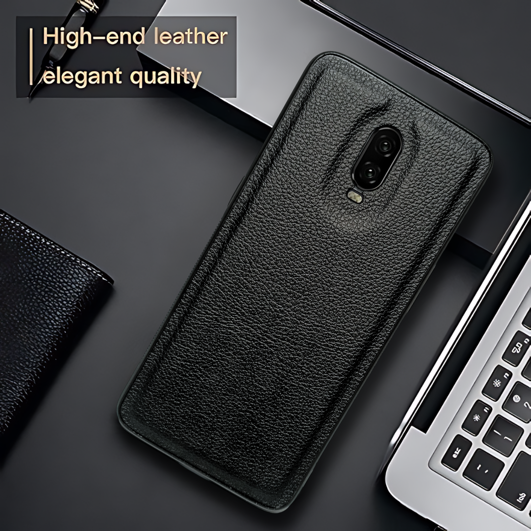 Raised Edges Black Leather Case for Oneplus 6t