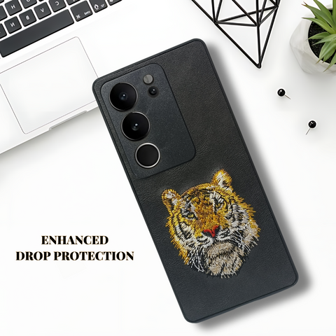 Black Leather Yellow Lion Camera Ornamented for Vivo V29