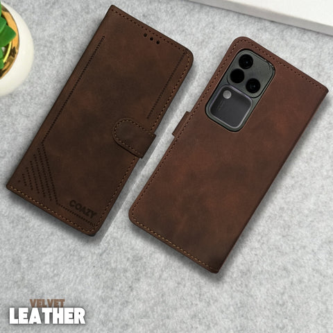 Velvet Dark Brown Flip Leather Case for Vivo V30