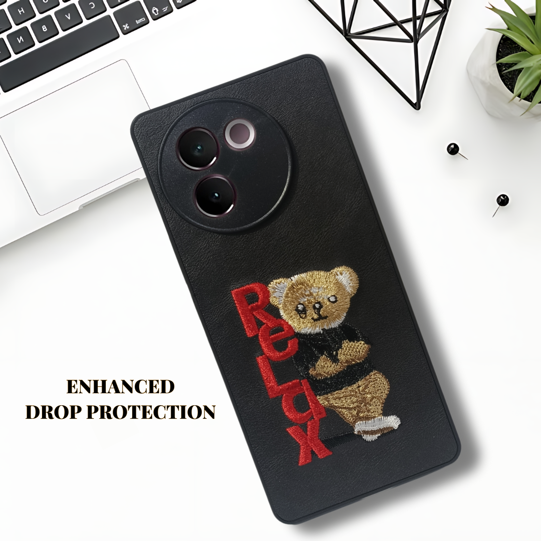 Black Leather Relax Teddy Lion Camera Ornamented for Vivo V30E