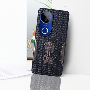 Black (Design 4) Satyameva Jayate embossed Leather Case for Vivo V50