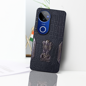 Black (Design 5) Satyameva Jayate embossed Leather Case for Vivo V50