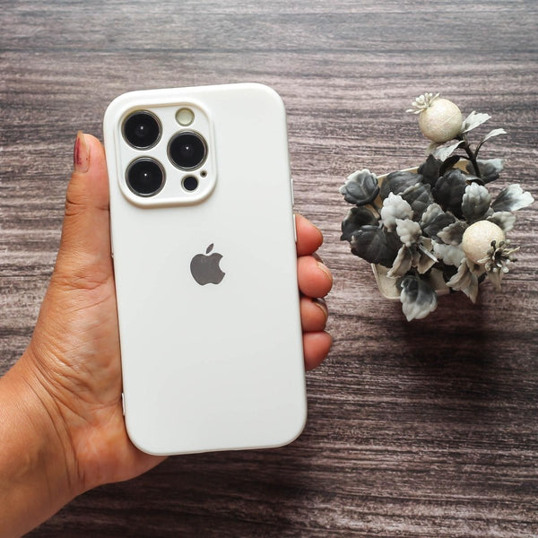 White Original Camera Safe Silicone case for Apple iphone 14 Pro - The Hatke