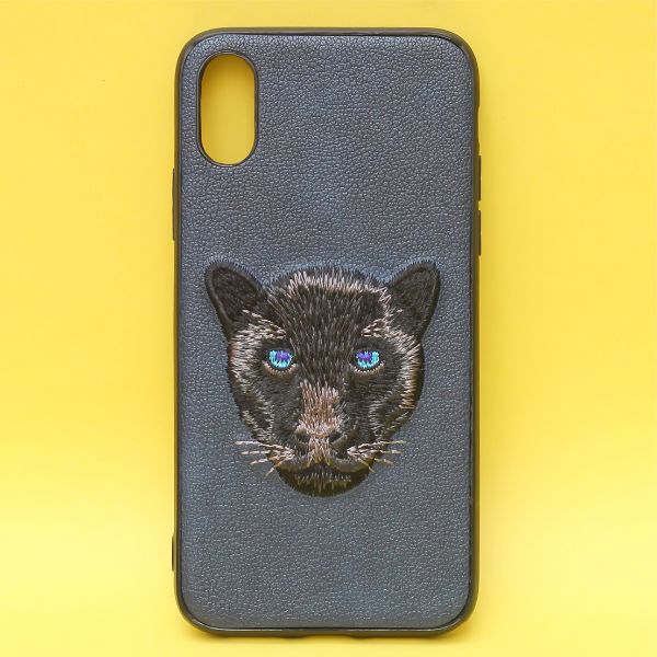 Dark Blue Leather Black Panther Ornamented for Apple Iphone X/XS